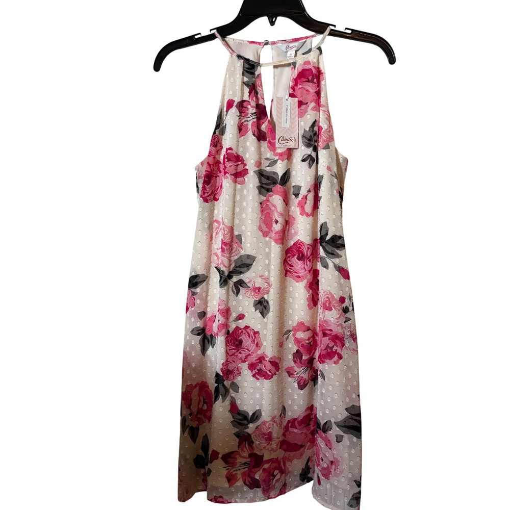 Candie's Women's Juniors Swing Dress XS NWT Cream Floral Halter Sundress Roses